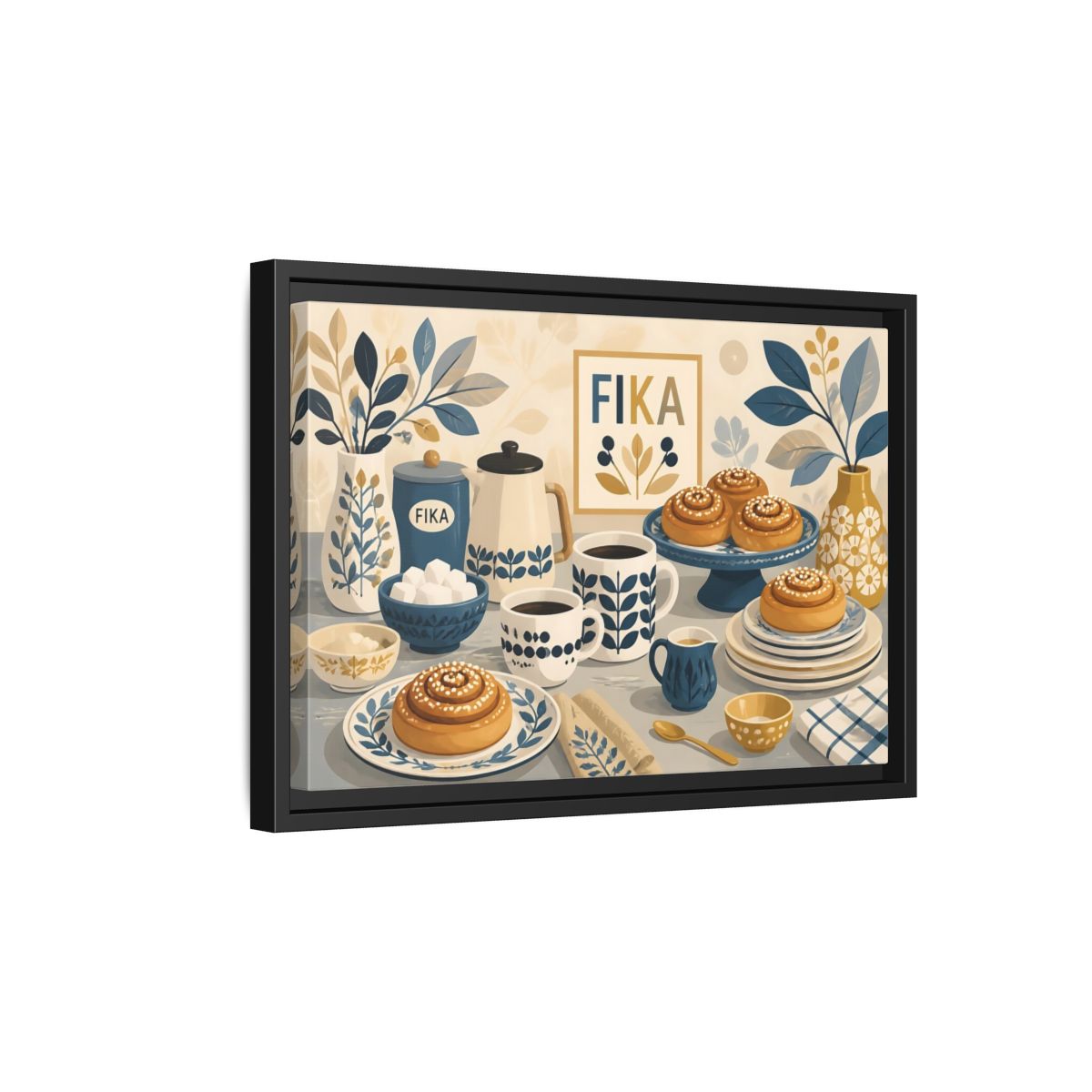 Side Mockup 6. Fika Coffee & Buns shown as framed canvas print