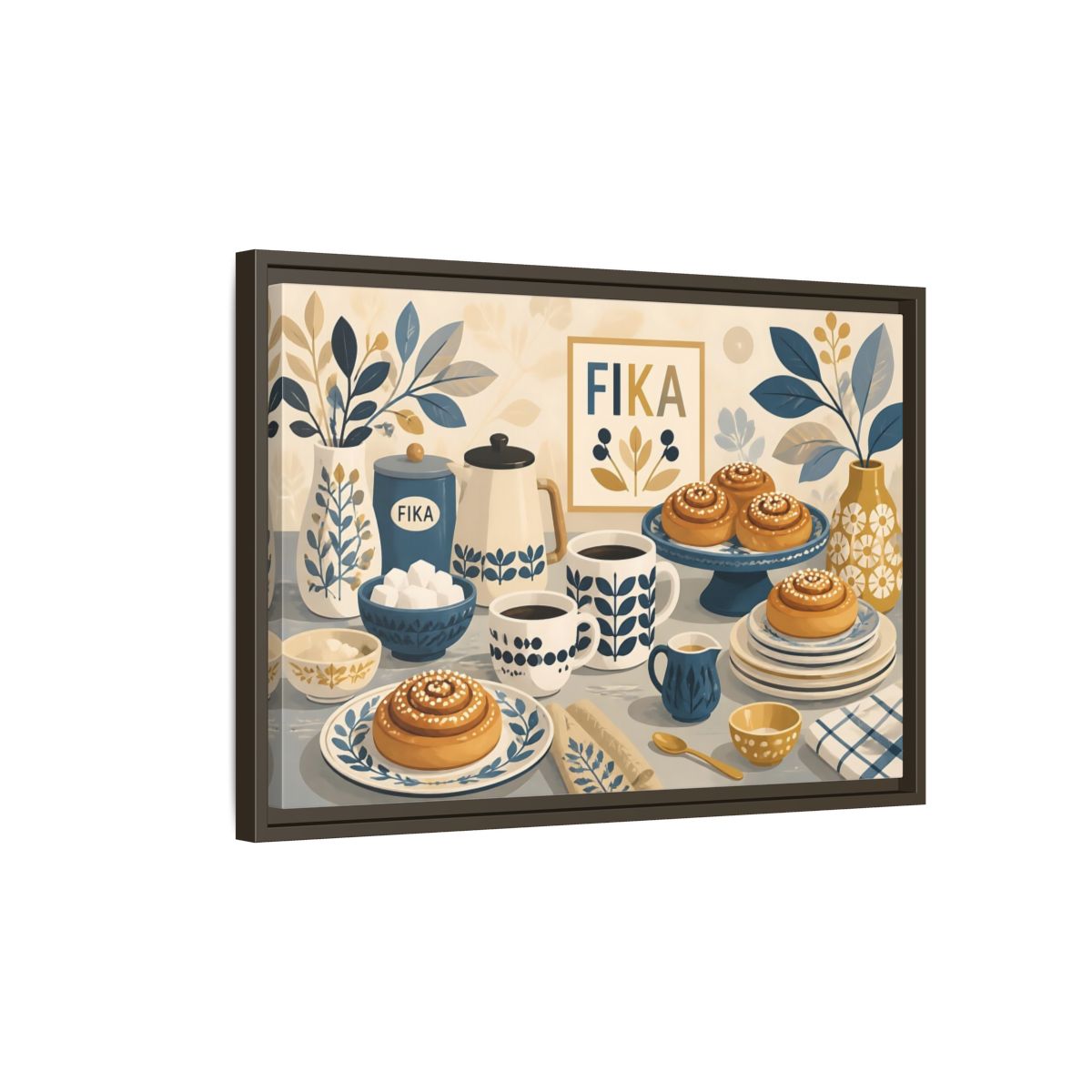 Side Mockup 2. Fika Coffee & Buns shown as framed canvas print