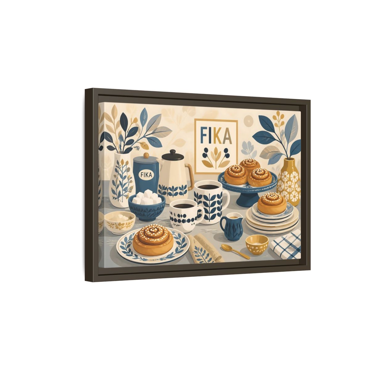 Side Mockup 5. Fika Coffee & Buns shown as framed canvas print