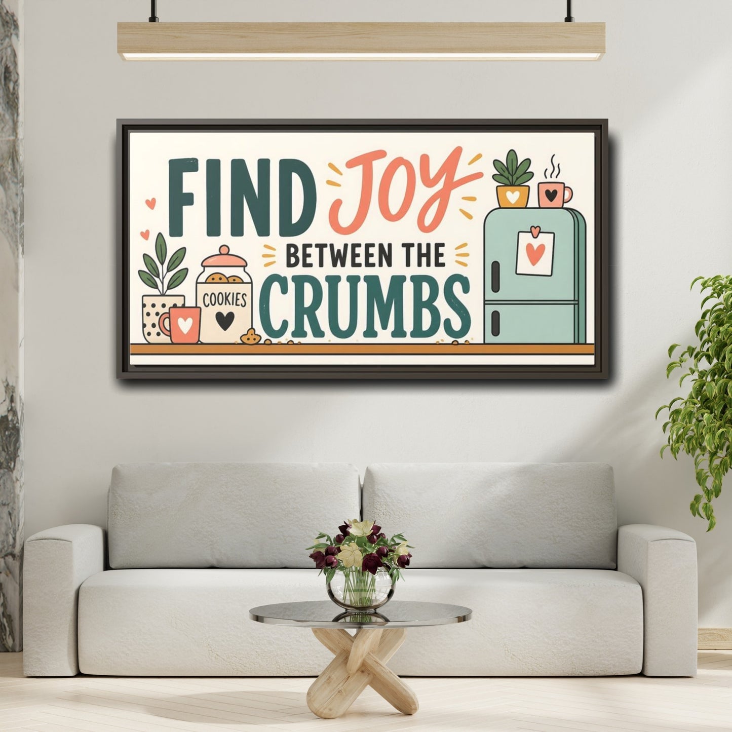 Mockup 2. Find Joy Between Crumbs shown as framed canvas print