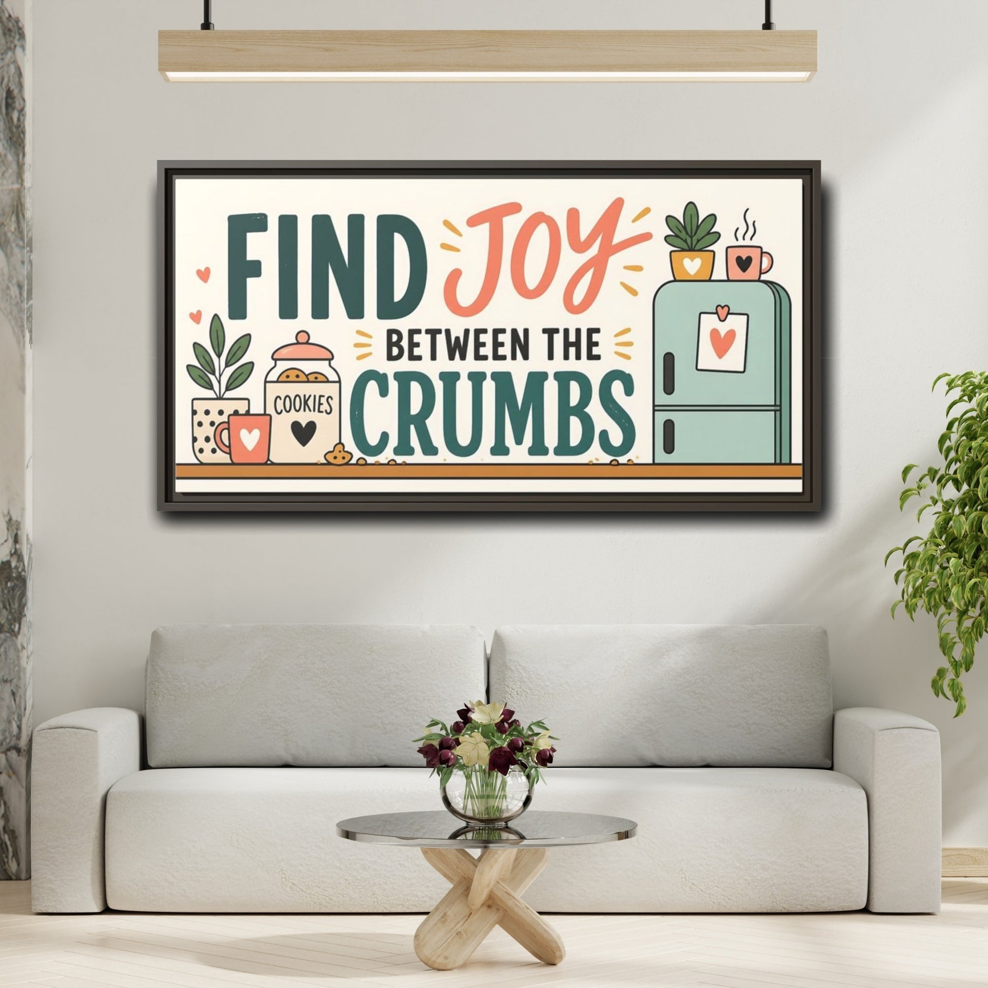 Mockup 2. Find Joy Between Crumbs shown as framed canvas print