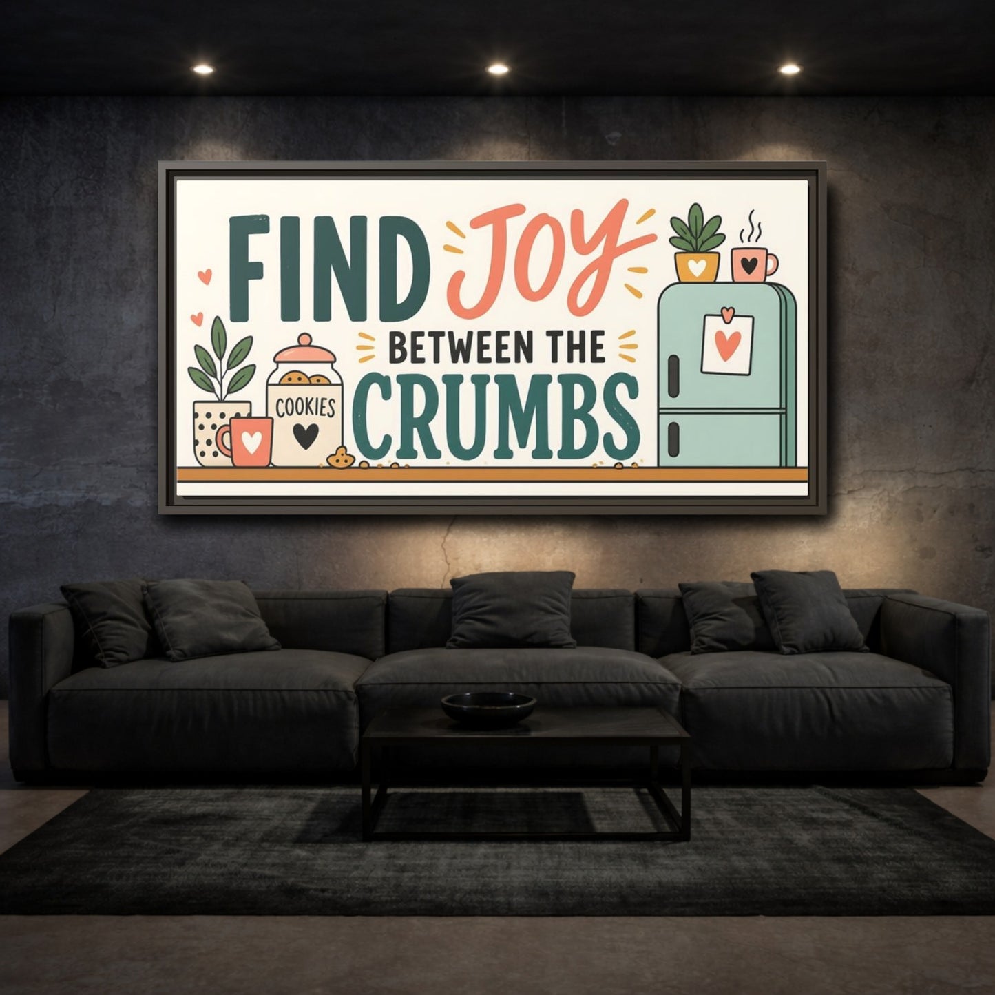 Mockup 3. Find Joy Between Crumbs shown as framed canvas print