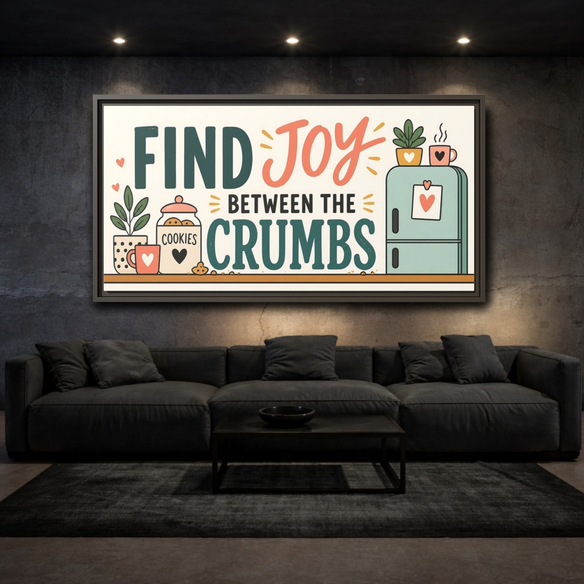 Mockup 3. Find Joy Between Crumbs shown as framed canvas print
