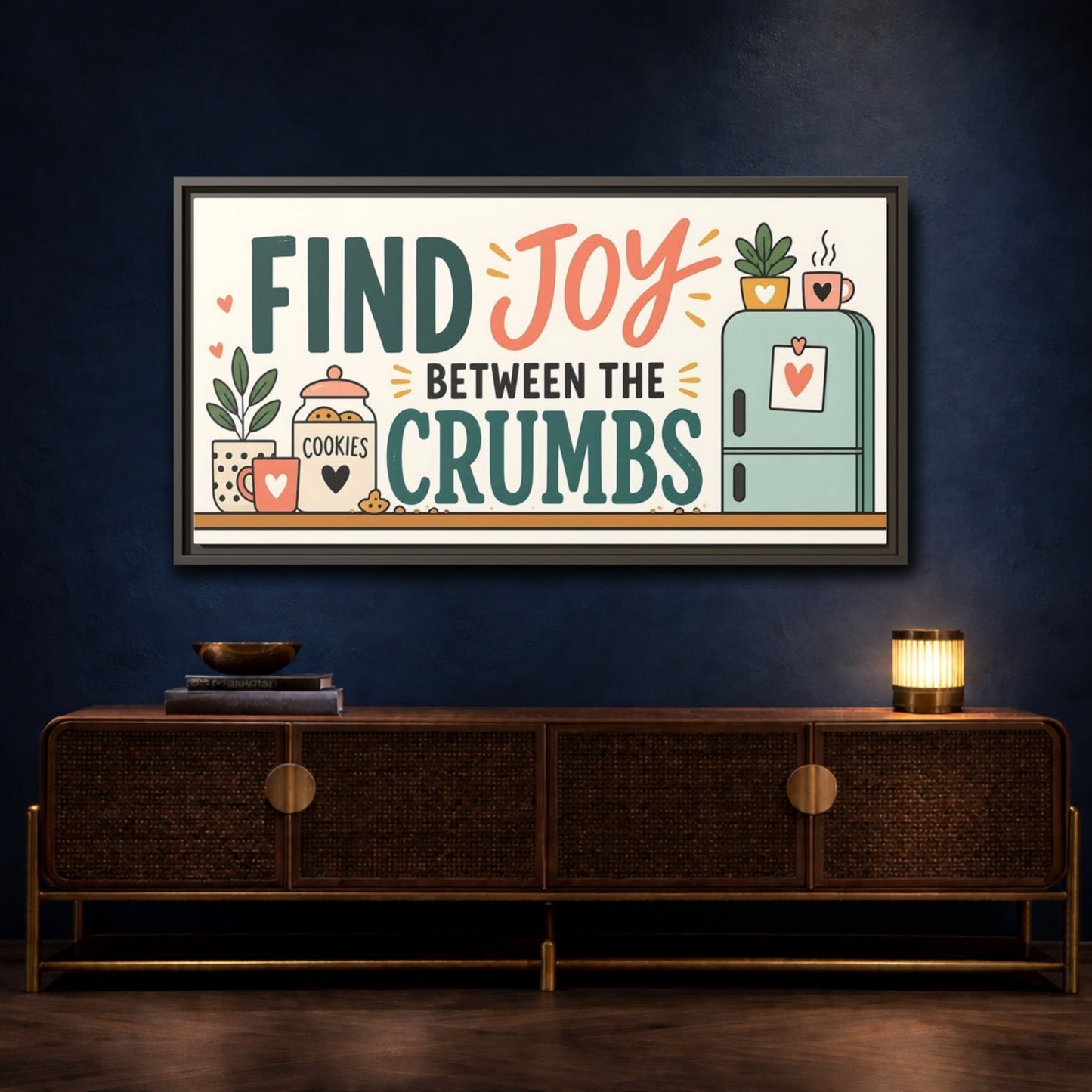Mockup 4. Find Joy Between Crumbs shown as framed canvas print