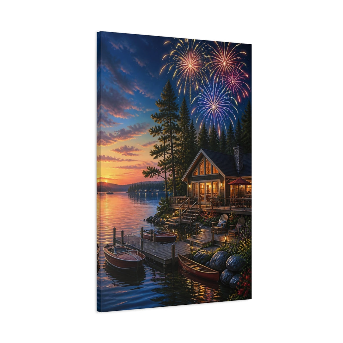 Main Mockup. Fireworks Over Lakeside Cabin shown as canvas print