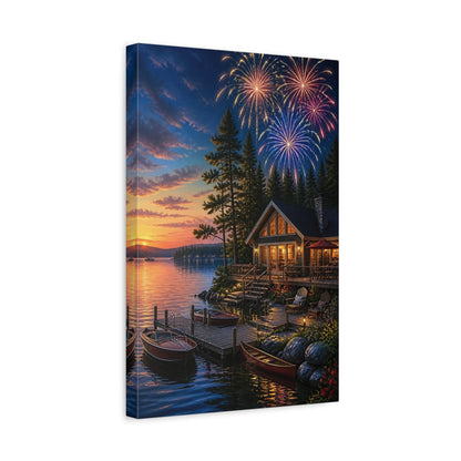 Side Mockup 4. Fireworks Over Lakeside Cabin shown as canvas print