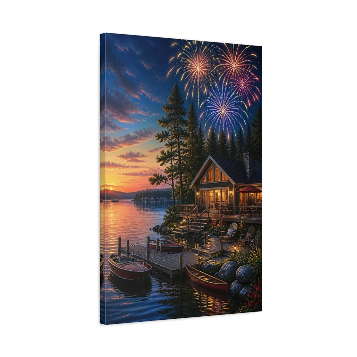 Side Mockup 2. Fireworks Over Lakeside Cabin shown as canvas print