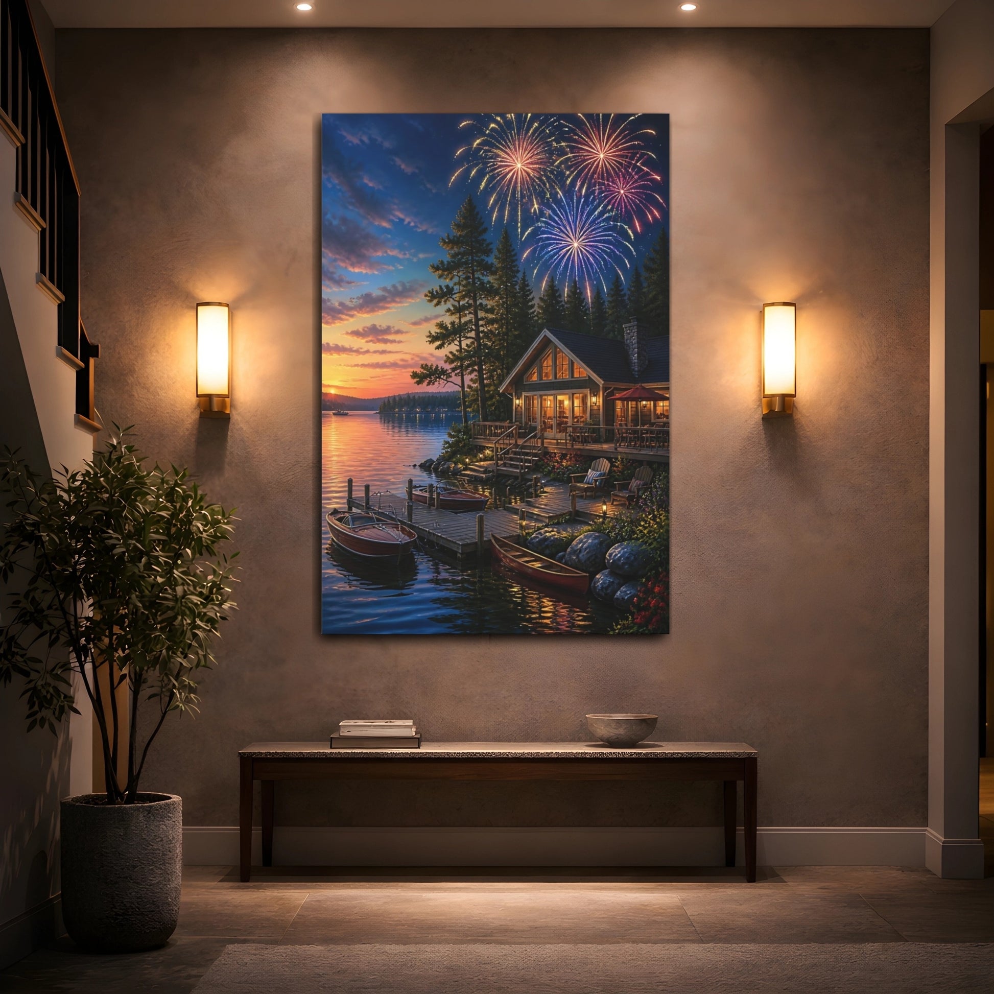 Mockup 2. Fireworks Over Lakeside Cabin shown as canvas print