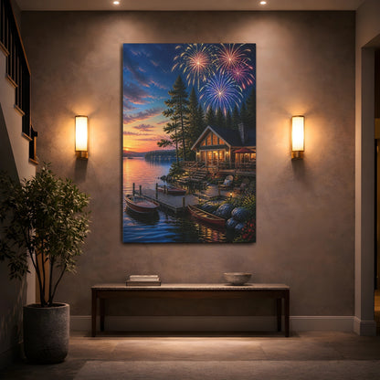 Mockup 2. Fireworks Over Lakeside Cabin shown as canvas print
