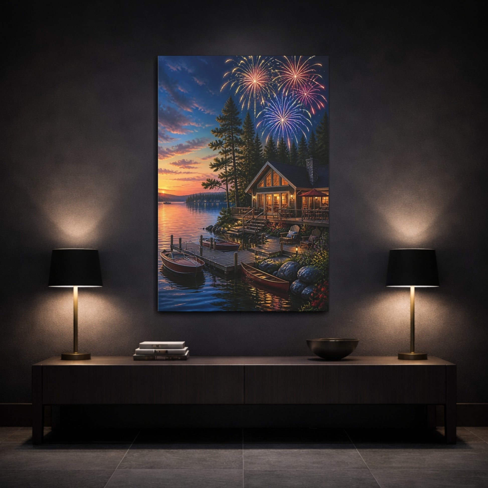 Mockup 3. Fireworks Over Lakeside Cabin shown as canvas print