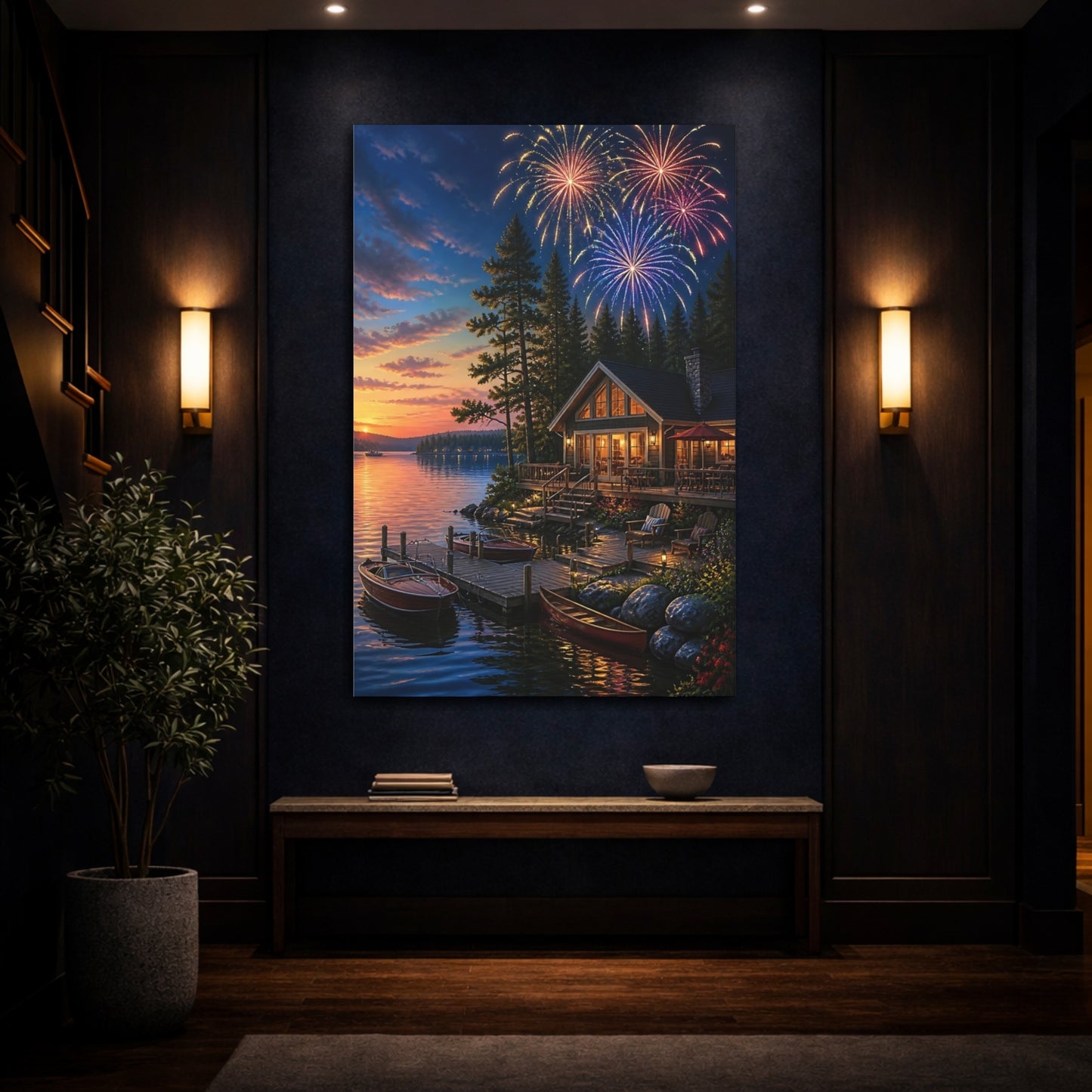 Mockup 4. Fireworks Over Lakeside Cabin shown as canvas print