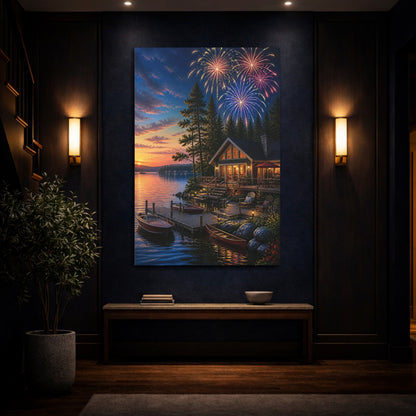 Mockup 4. Fireworks Over Lakeside Cabin shown as canvas print