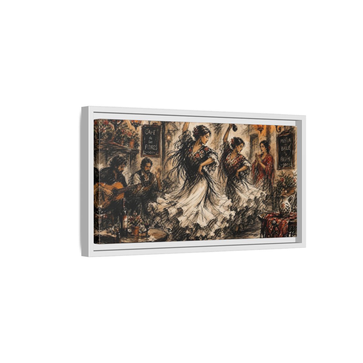 Side Mockup 6. Flamenco Cafe Night shown as framed canvas print