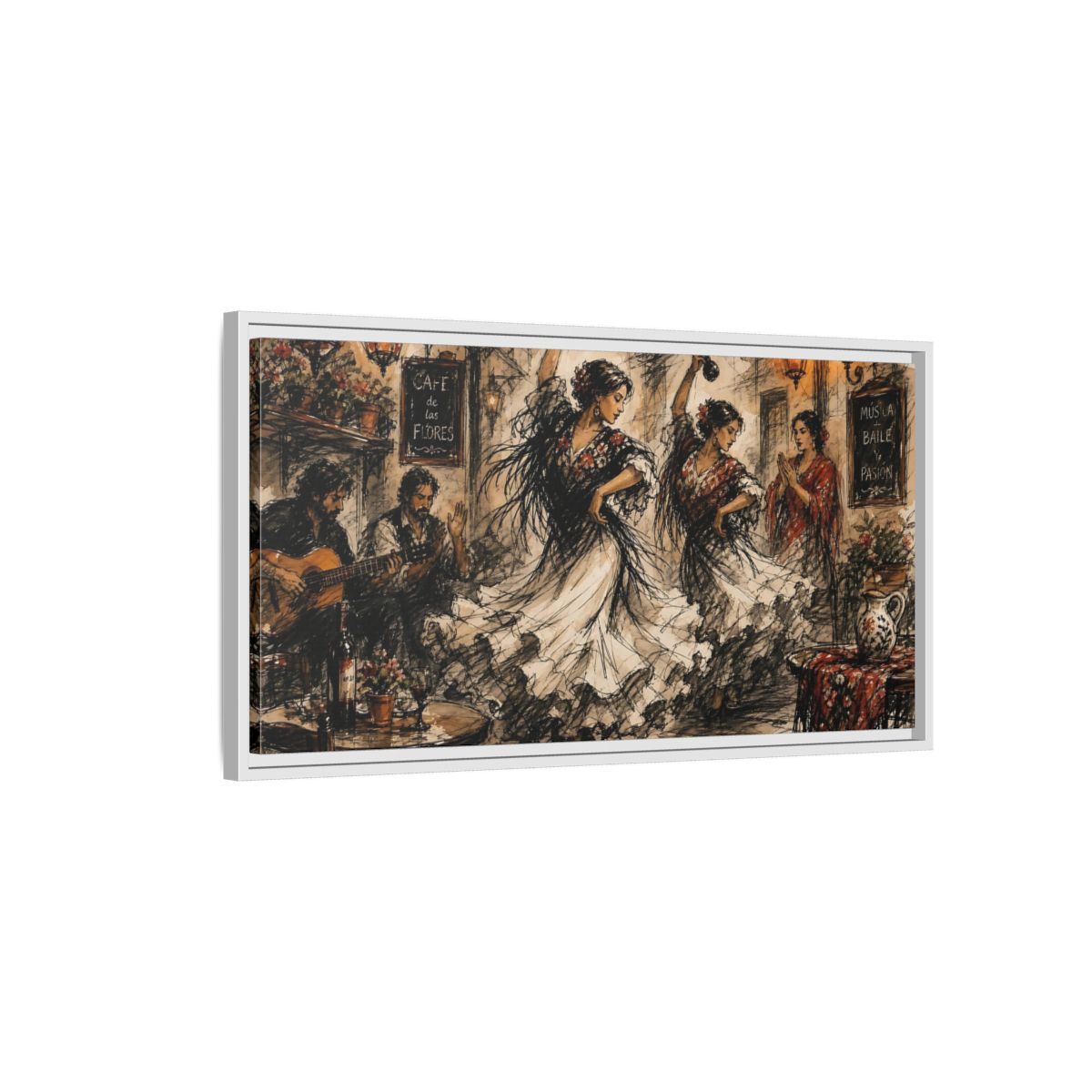 Side Mockup 1. Flamenco Cafe Night shown as framed canvas print