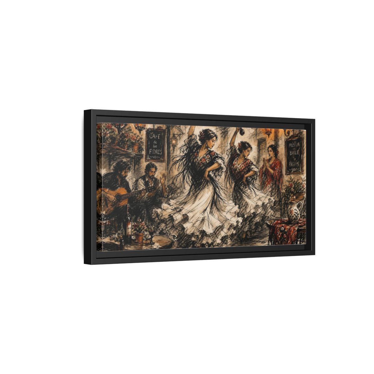 Side Mockup 8. Flamenco Cafe Night shown as framed canvas print