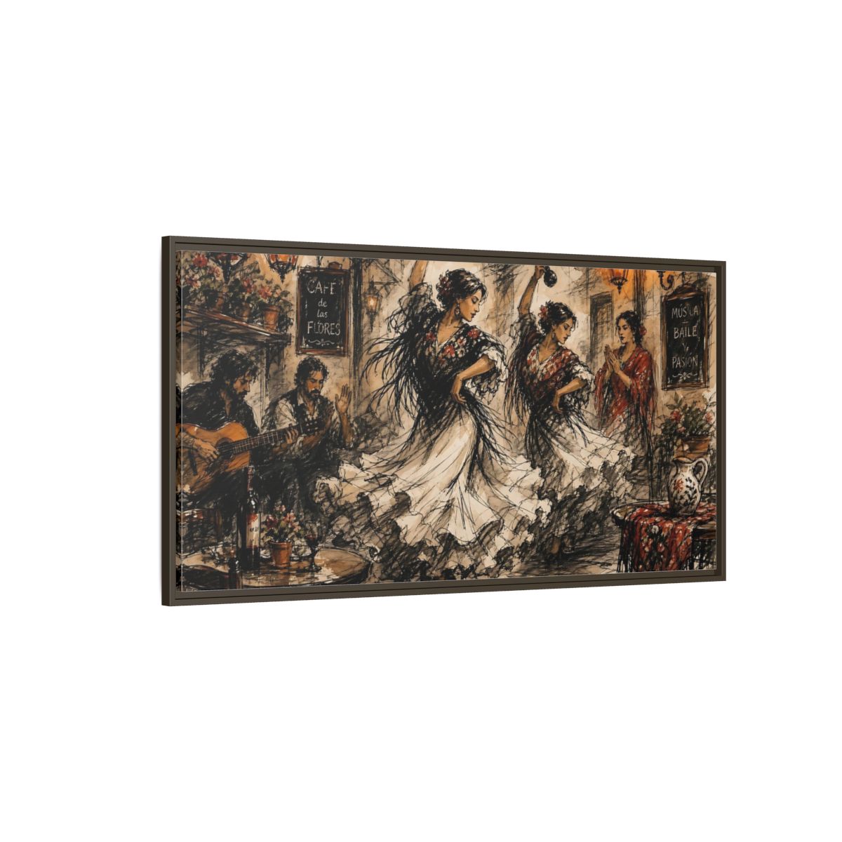 Side Mockup 4. Flamenco Cafe Night shown as framed canvas print