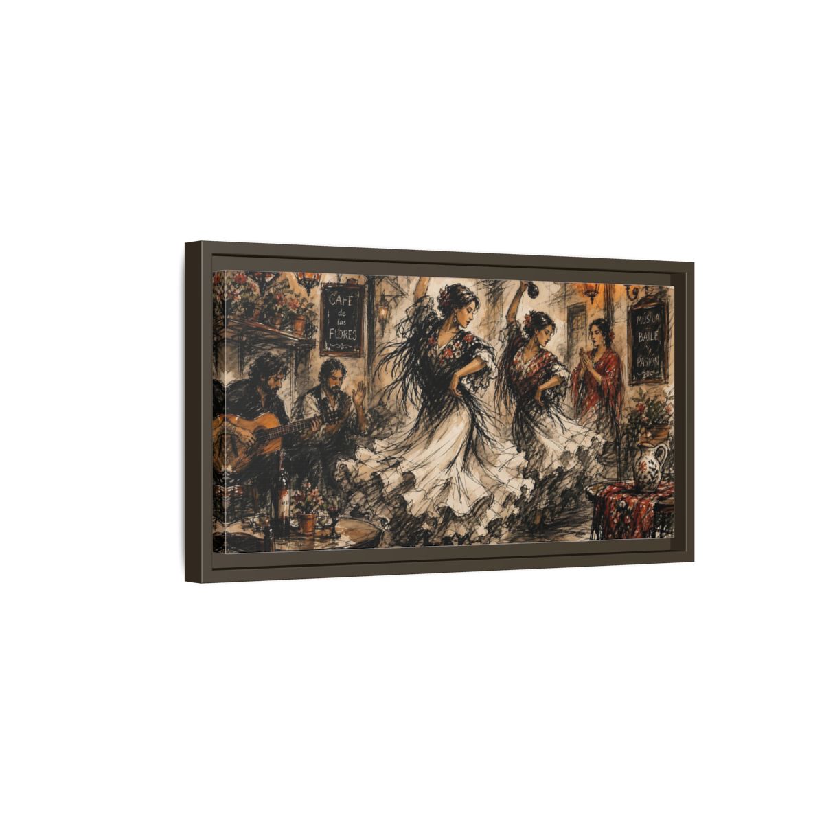 Side Mockup 7. Flamenco Cafe Night shown as framed canvas print