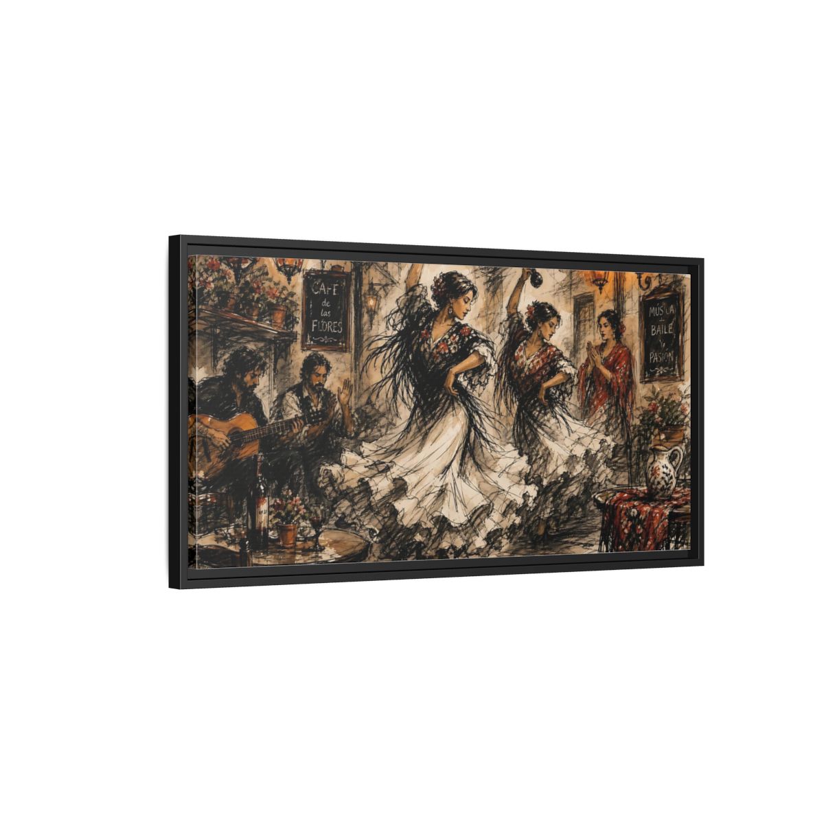 Side Mockup 2. Flamenco Cafe Night shown as framed canvas print