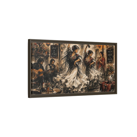 Main Mockup. Flamenco Cafe Night shown as framed canvas print