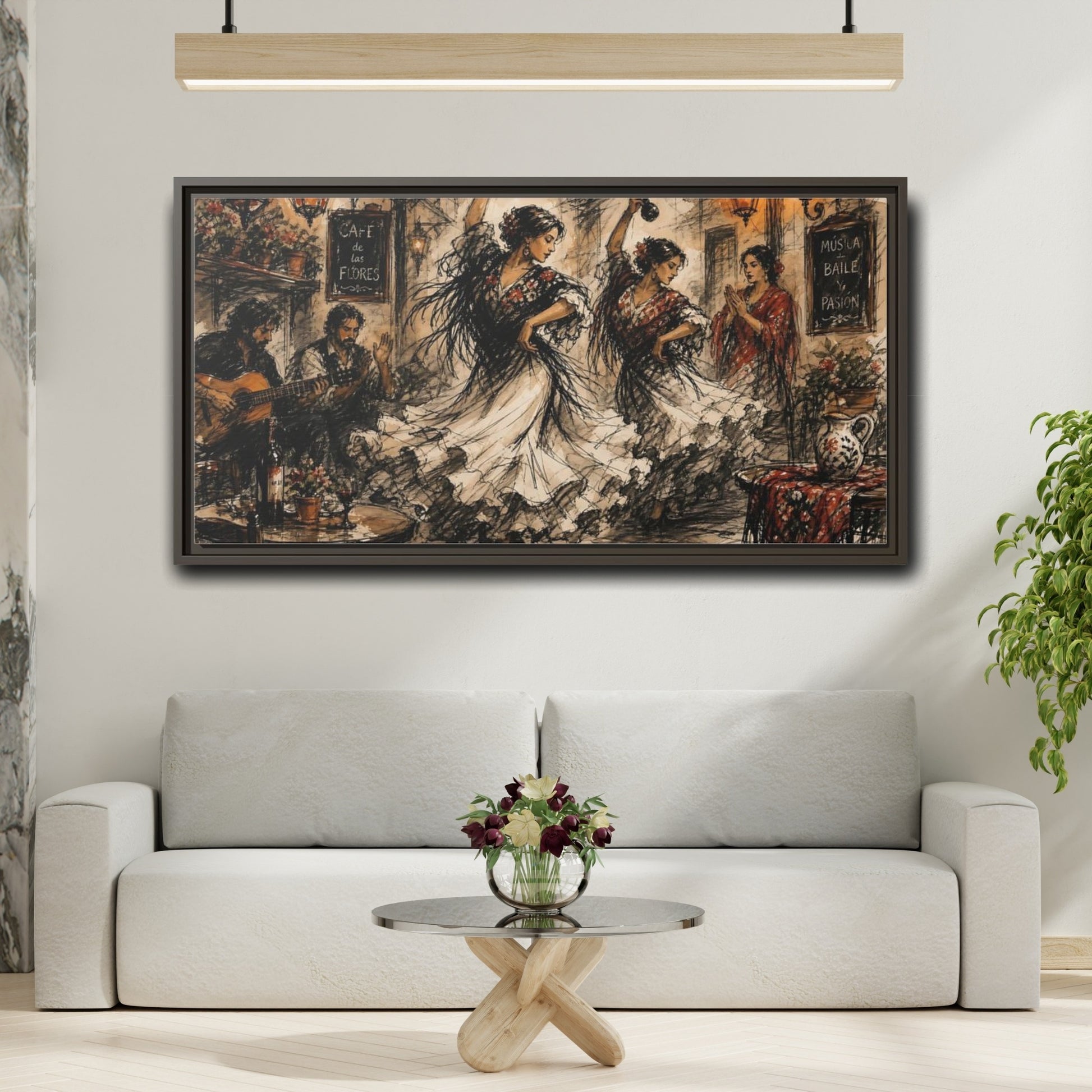 Mockup 2. Flamenco Cafe Night shown as framed canvas print