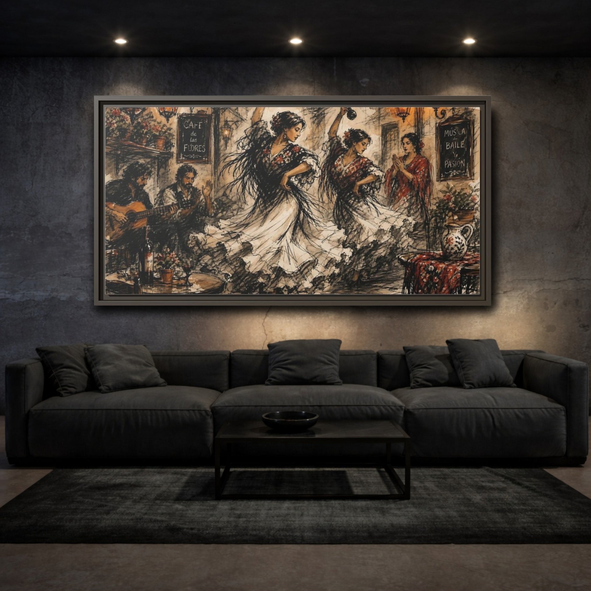 Mockup 3. Flamenco Cafe Night shown as framed canvas print