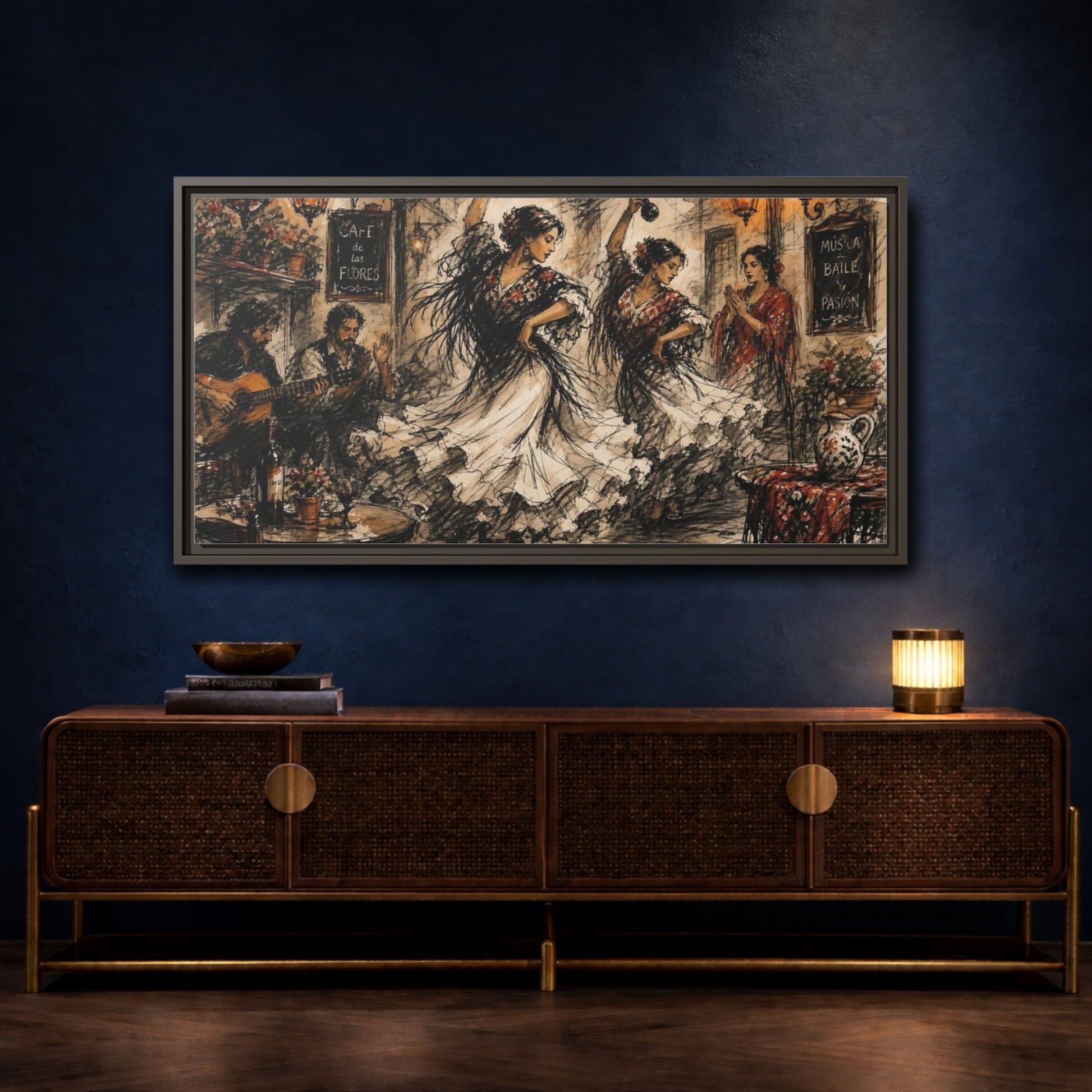 Mockup 4. Flamenco Cafe Night shown as framed canvas print