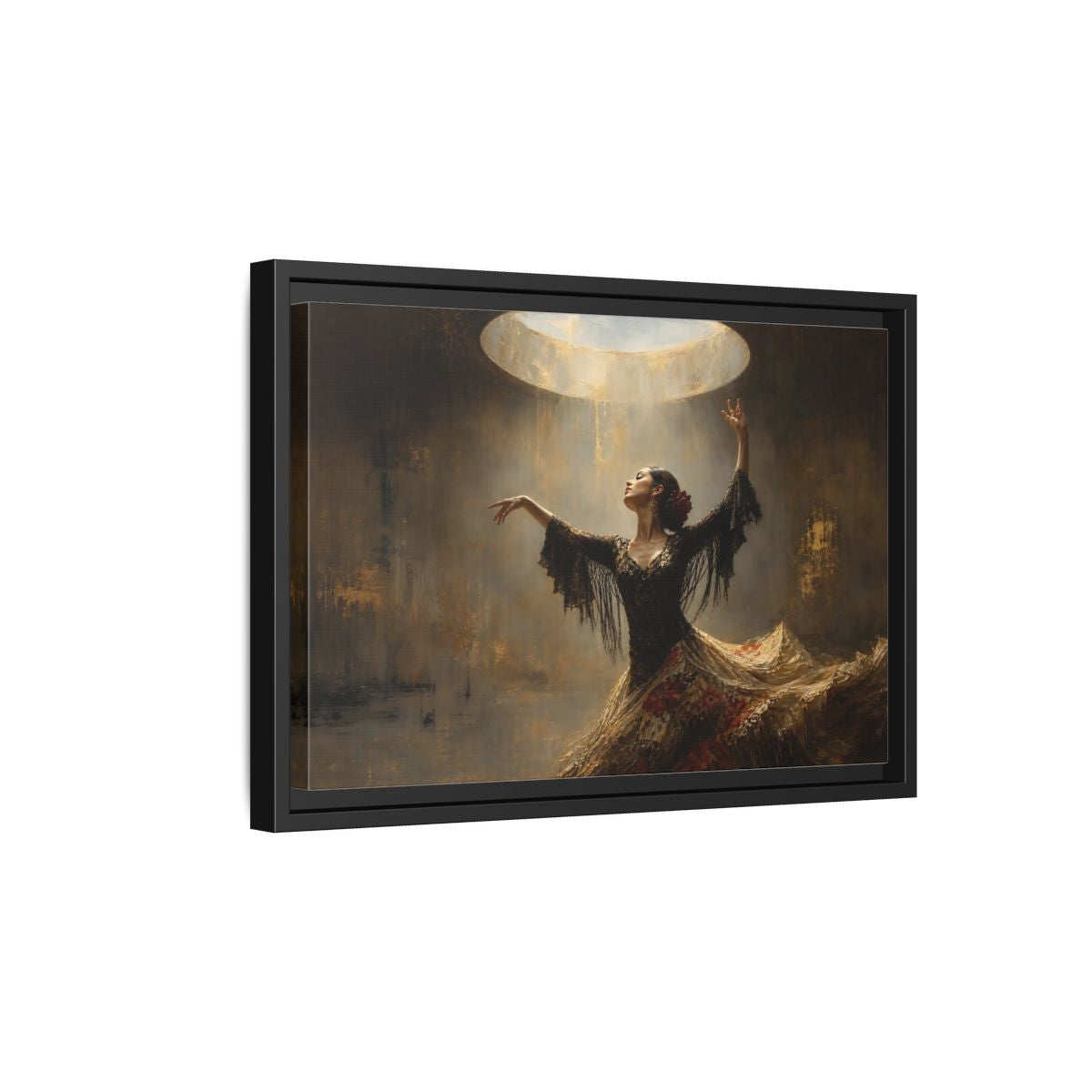 Side Mockup 6. Flamenco In Golden Light shown as framed canvas print