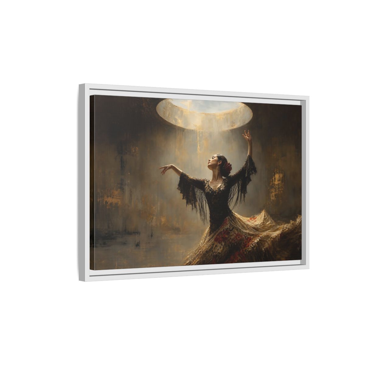 Side Mockup 1. Flamenco In Golden Light shown as framed canvas print