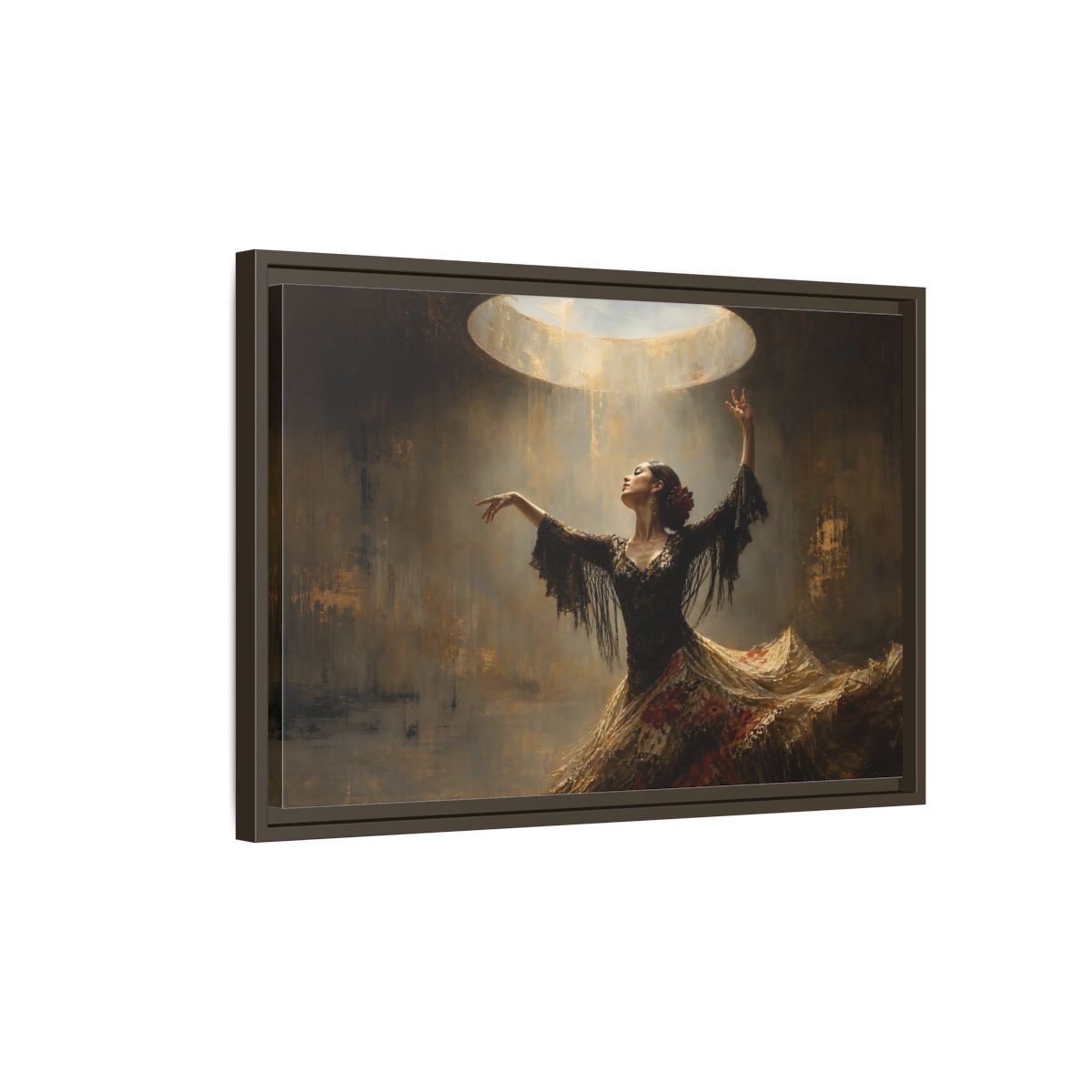 Side Mockup 2. Flamenco In Golden Light shown as framed canvas print