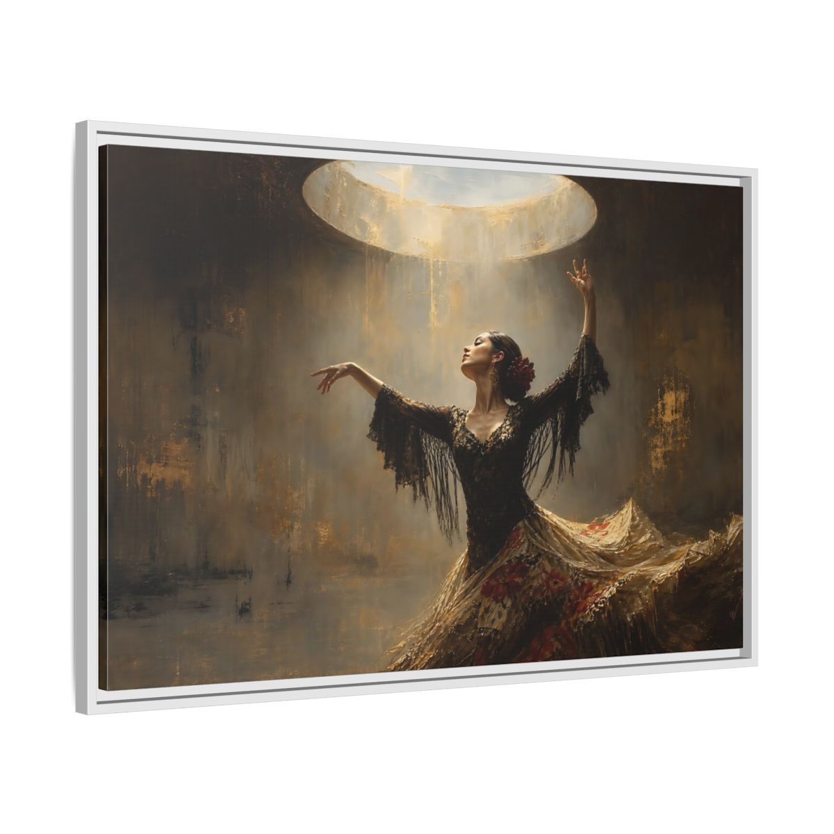 Side Mockup 9. Flamenco In Golden Light shown as framed canvas print