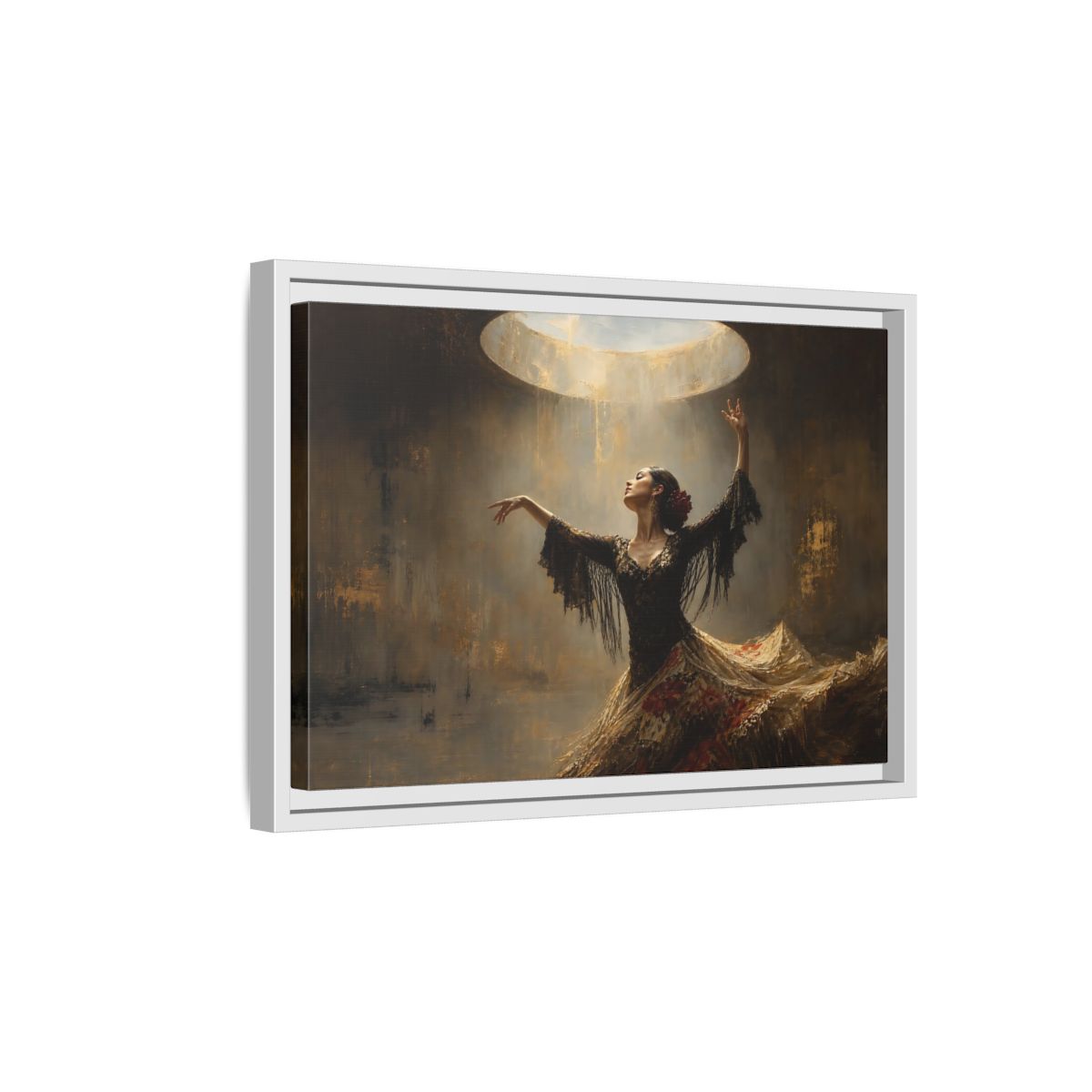 Side Mockup 4. Flamenco In Golden Light shown as framed canvas print