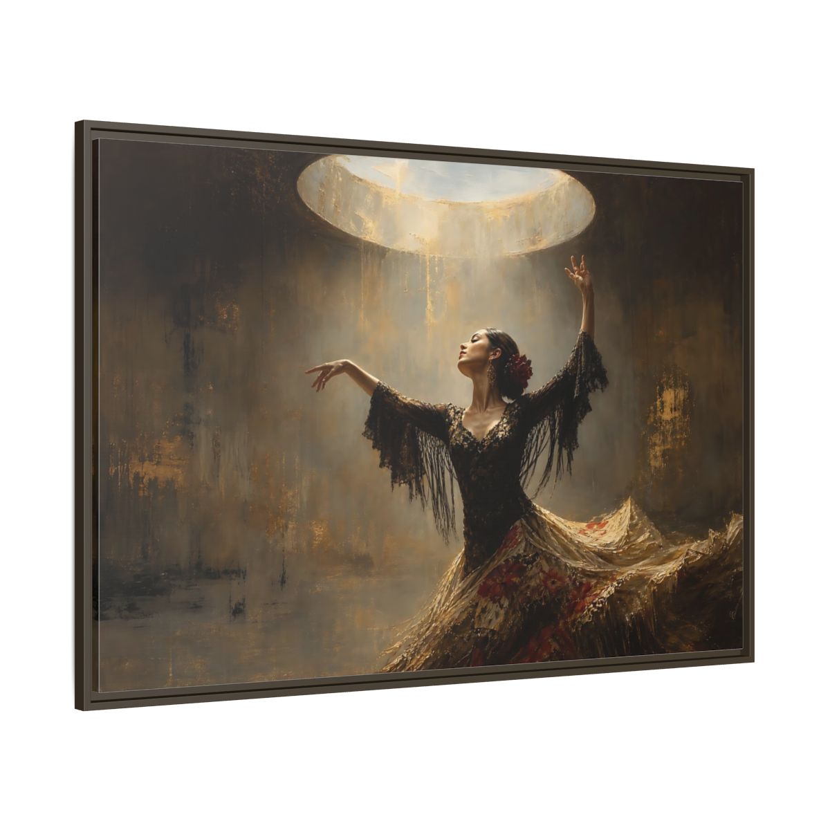 Side Mockup 8. Flamenco In Golden Light shown as framed canvas print