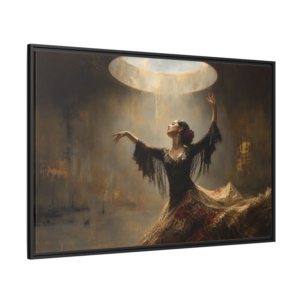 Side Mockup 12. Flamenco In Golden Light shown as framed canvas print