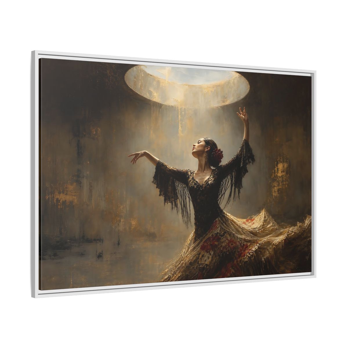 Side Mockup 7. Flamenco In Golden Light shown as framed canvas print