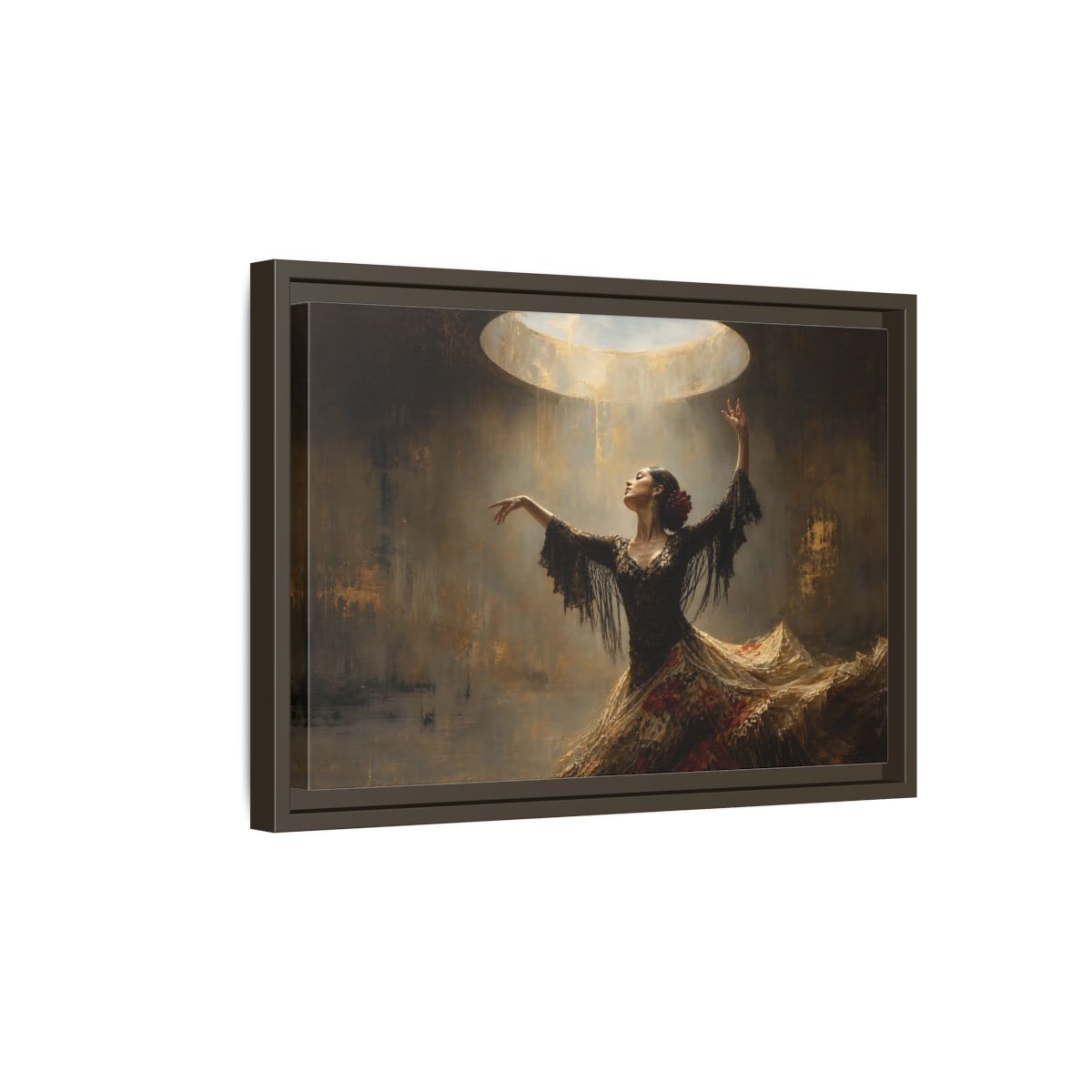 Side Mockup 5. Flamenco In Golden Light shown as framed canvas print