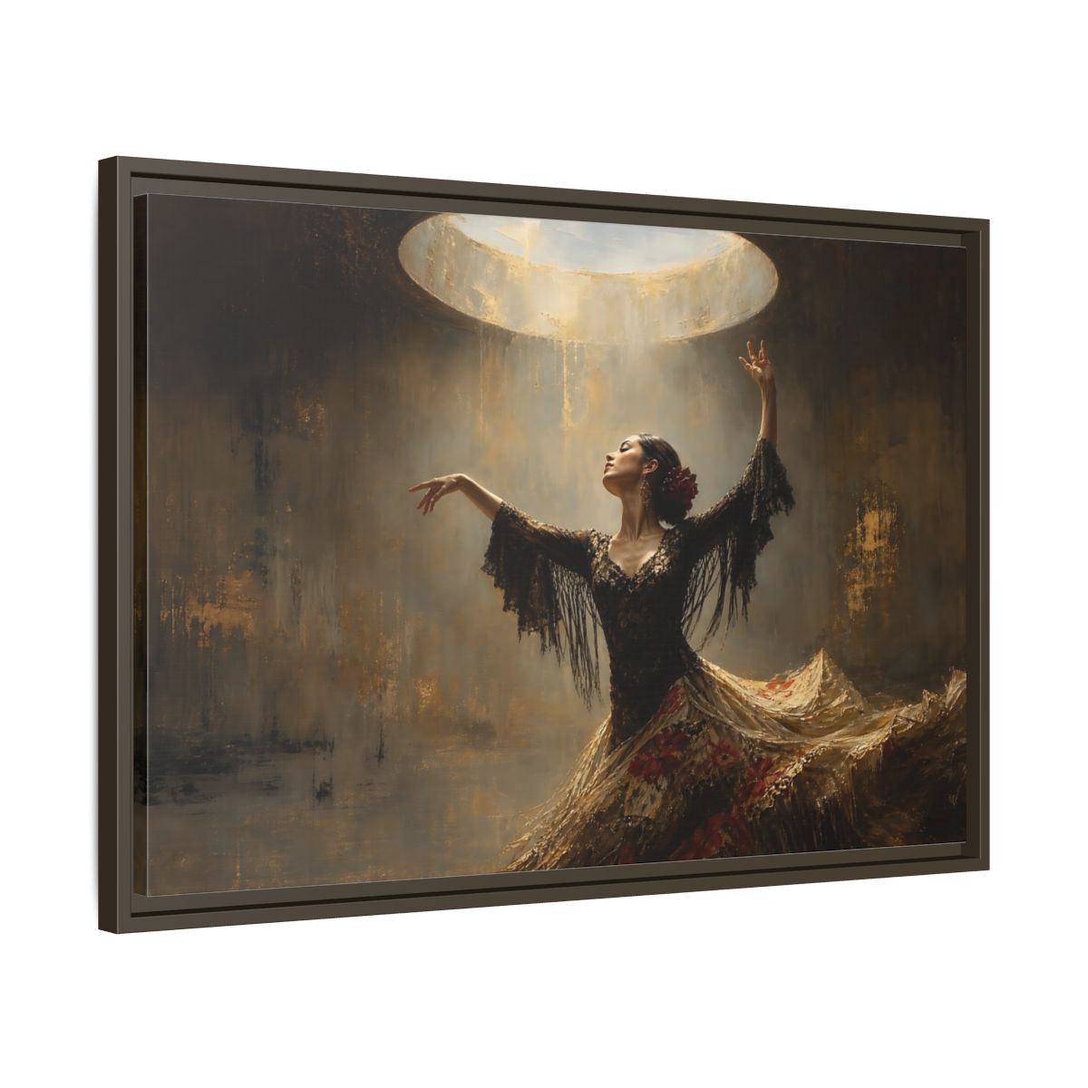 Side Mockup 11. Flamenco In Golden Light shown as framed canvas print