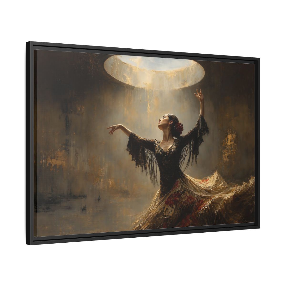 Side Mockup 13. Flamenco In Golden Light shown as framed canvas print