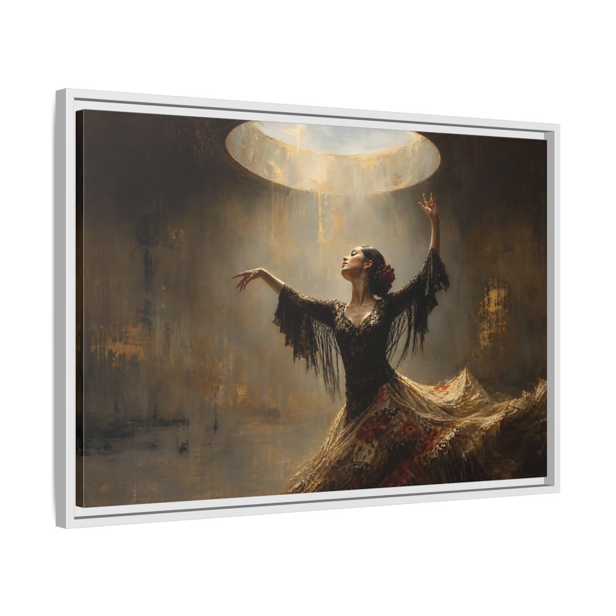 Side Mockup 10. Flamenco In Golden Light shown as framed canvas print