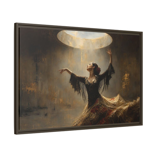 Main Mockup. Flamenco In Golden Light shown as framed canvas print