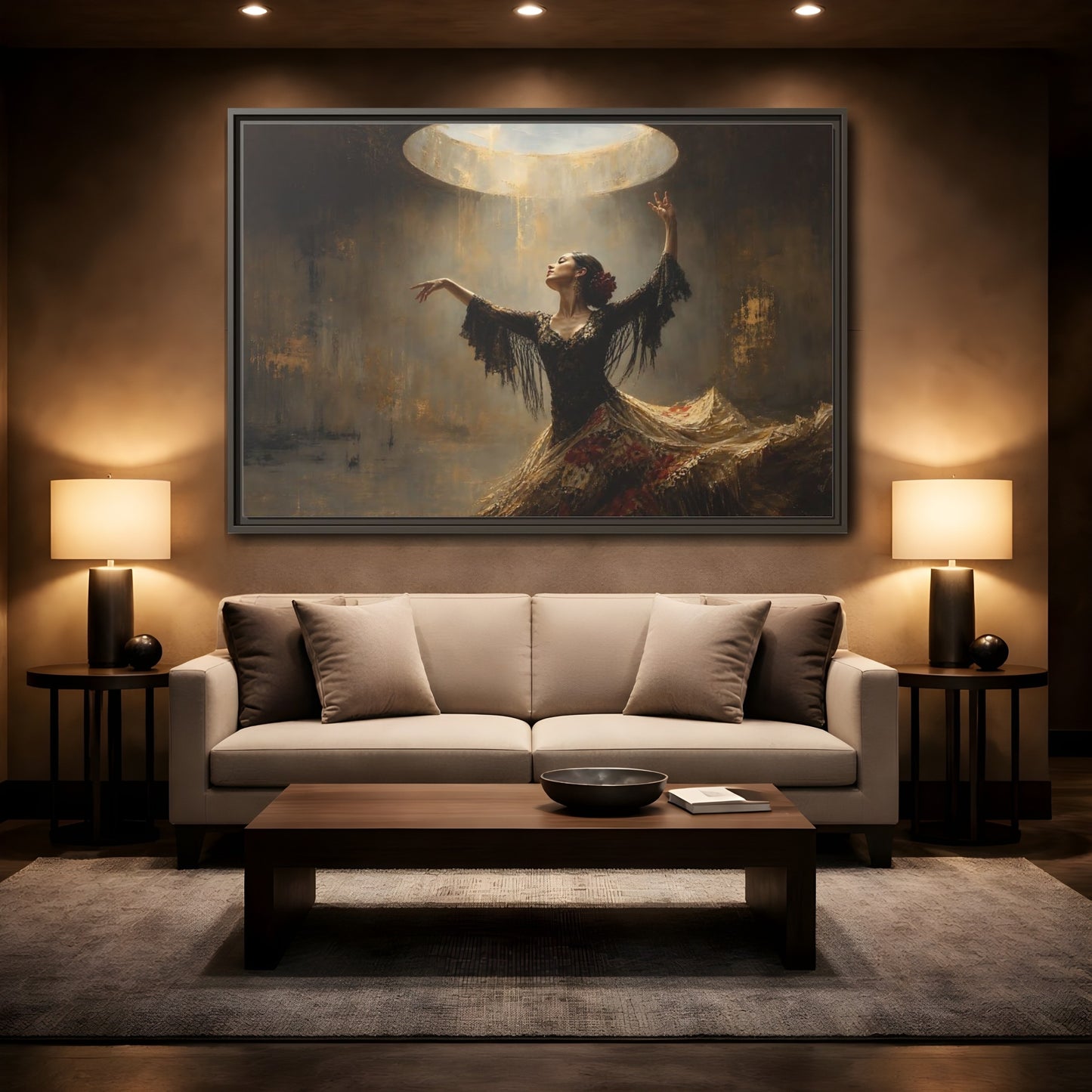 Mockup 2. Flamenco In Golden Light shown as framed canvas print