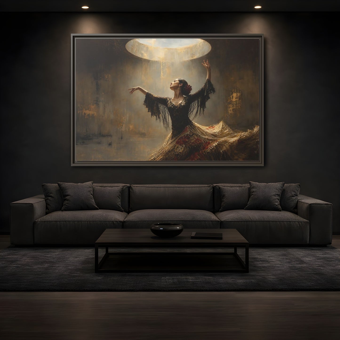 Mockup 3. Flamenco In Golden Light shown as framed canvas print
