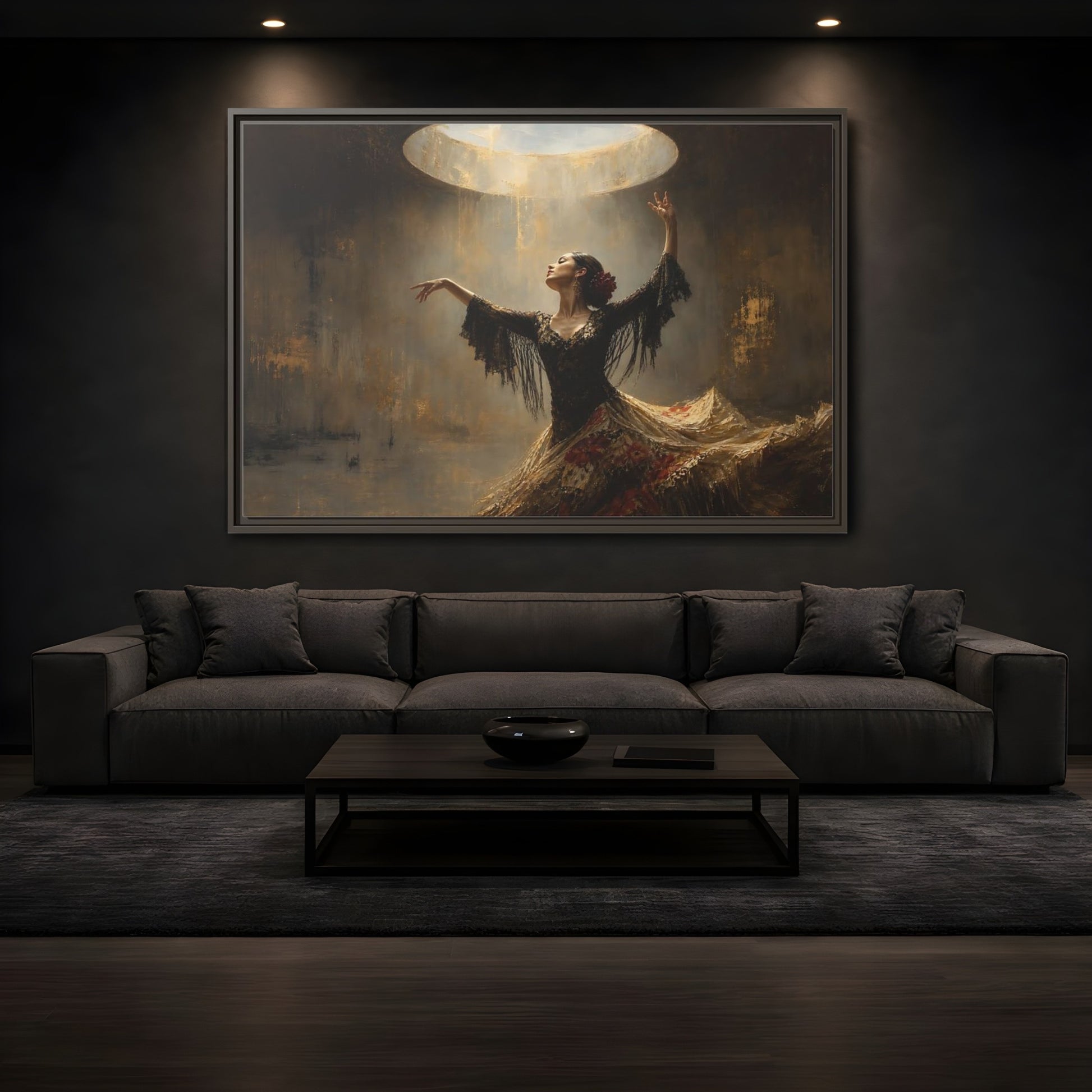 Mockup 3. Flamenco In Golden Light shown as framed canvas print