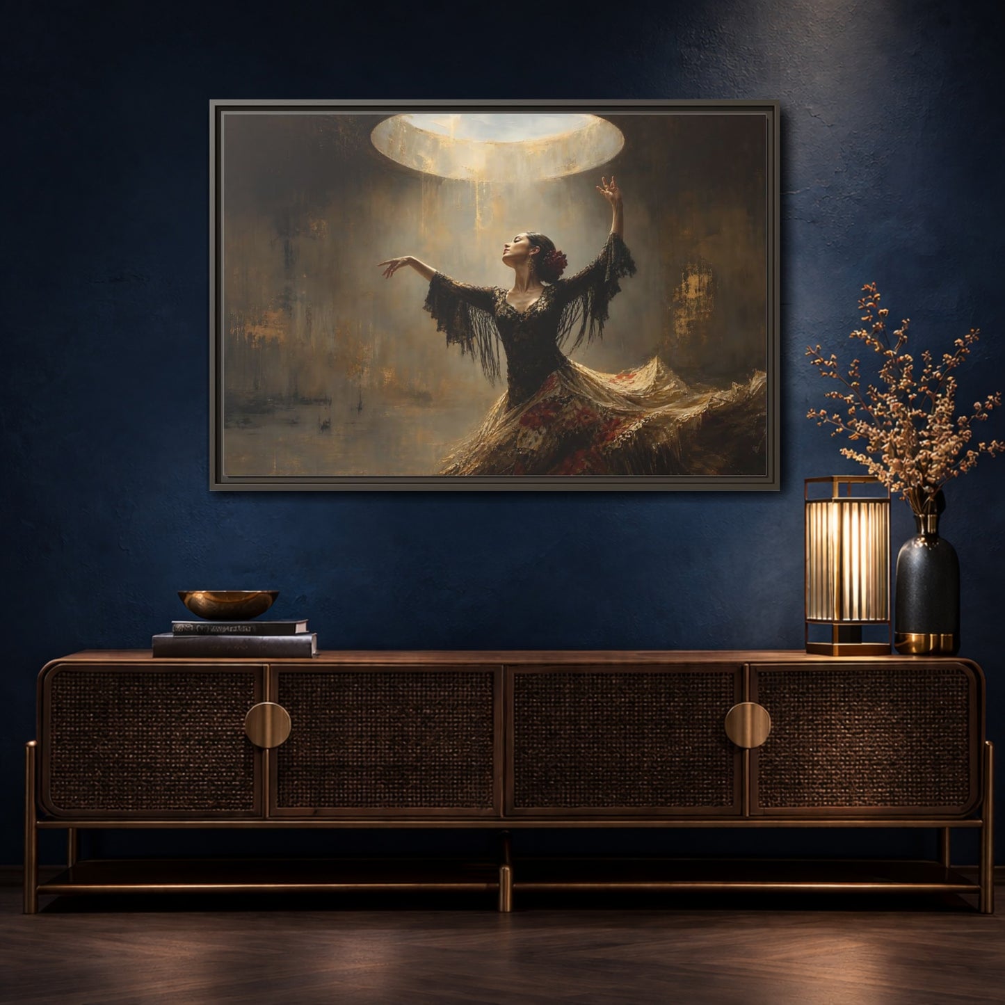 Mockup 4. Flamenco In Golden Light shown as framed canvas print