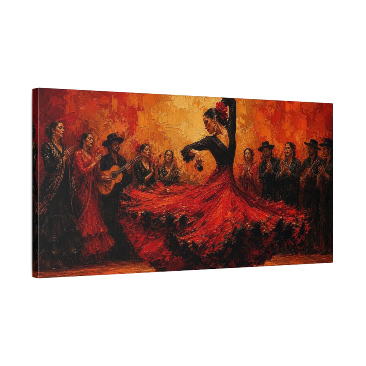 Side Mockup 1. Flamenco Passion In Red shown as canvas print