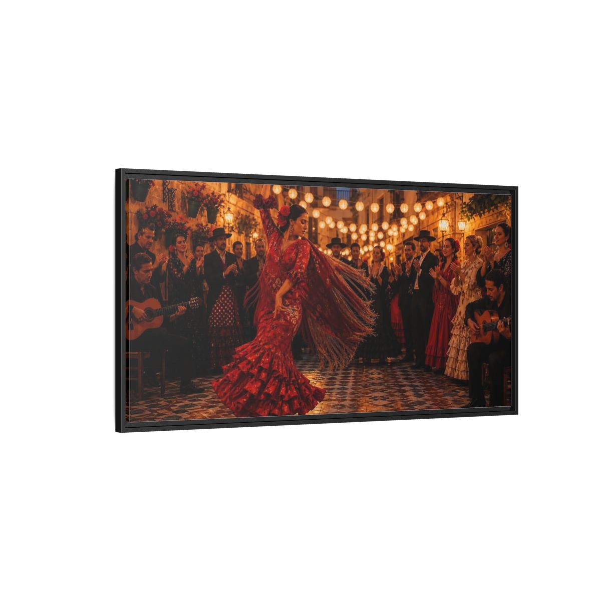 Side Mockup 5. Flamenco Street Celebration shown as framed canvas print