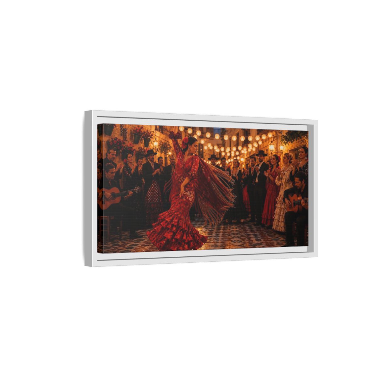 Side Mockup 6. Flamenco Street Celebration shown as framed canvas print