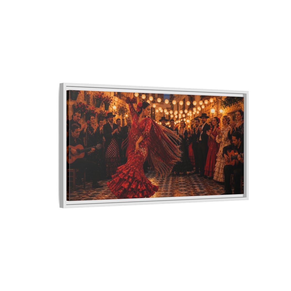 Side Mockup 1. Flamenco Street Celebration shown as framed canvas print