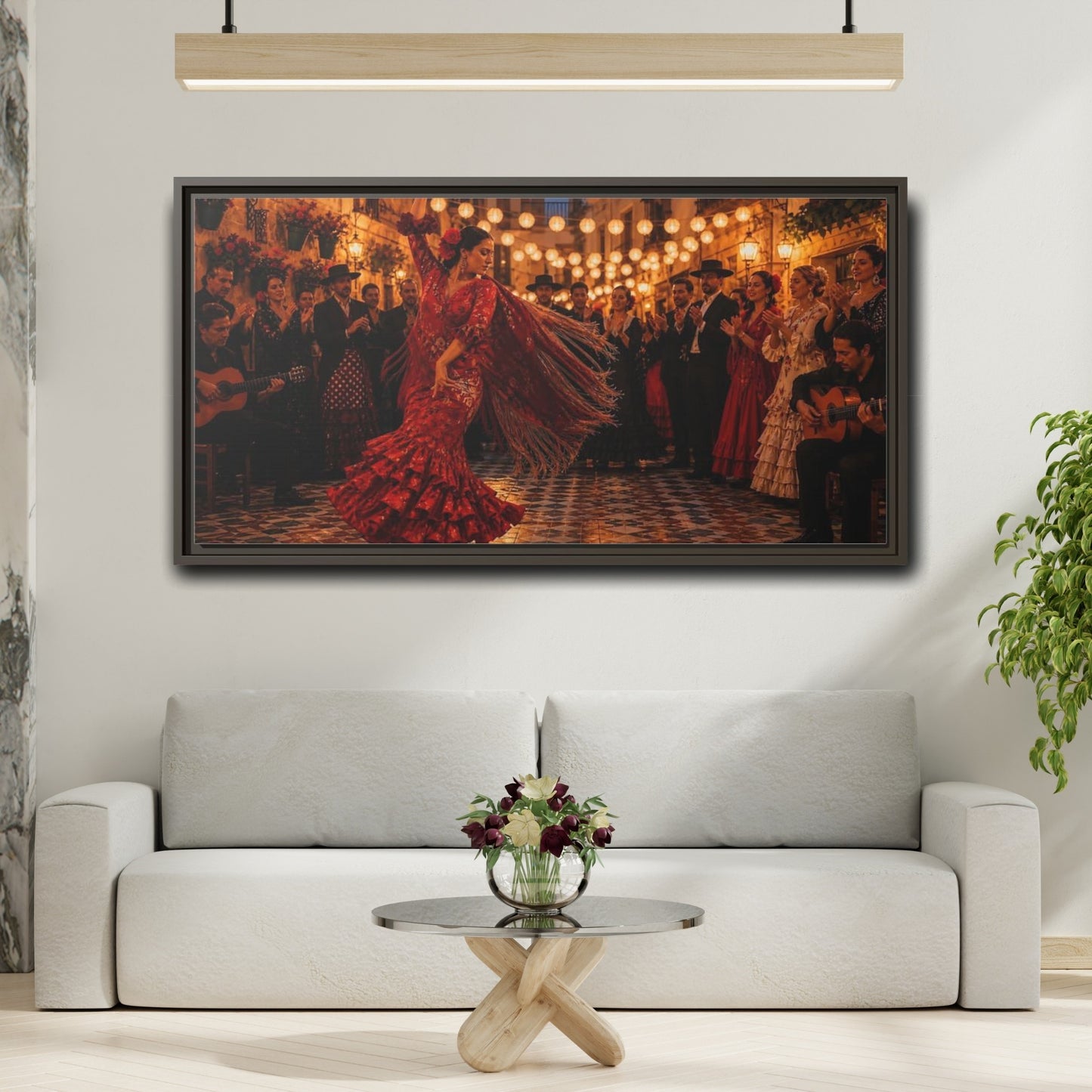 Mockup 2. Flamenco Street Celebration shown as framed canvas print