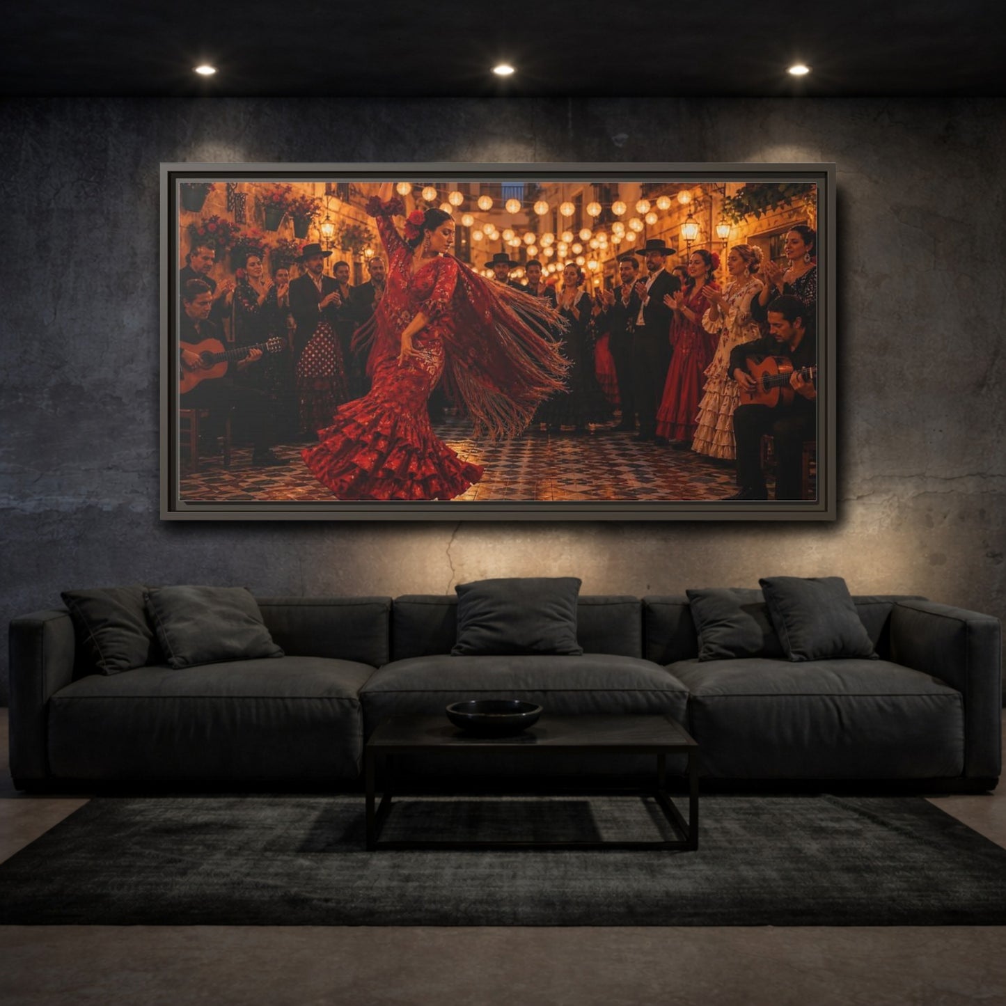 Mockup 3. Flamenco Street Celebration shown as framed canvas print