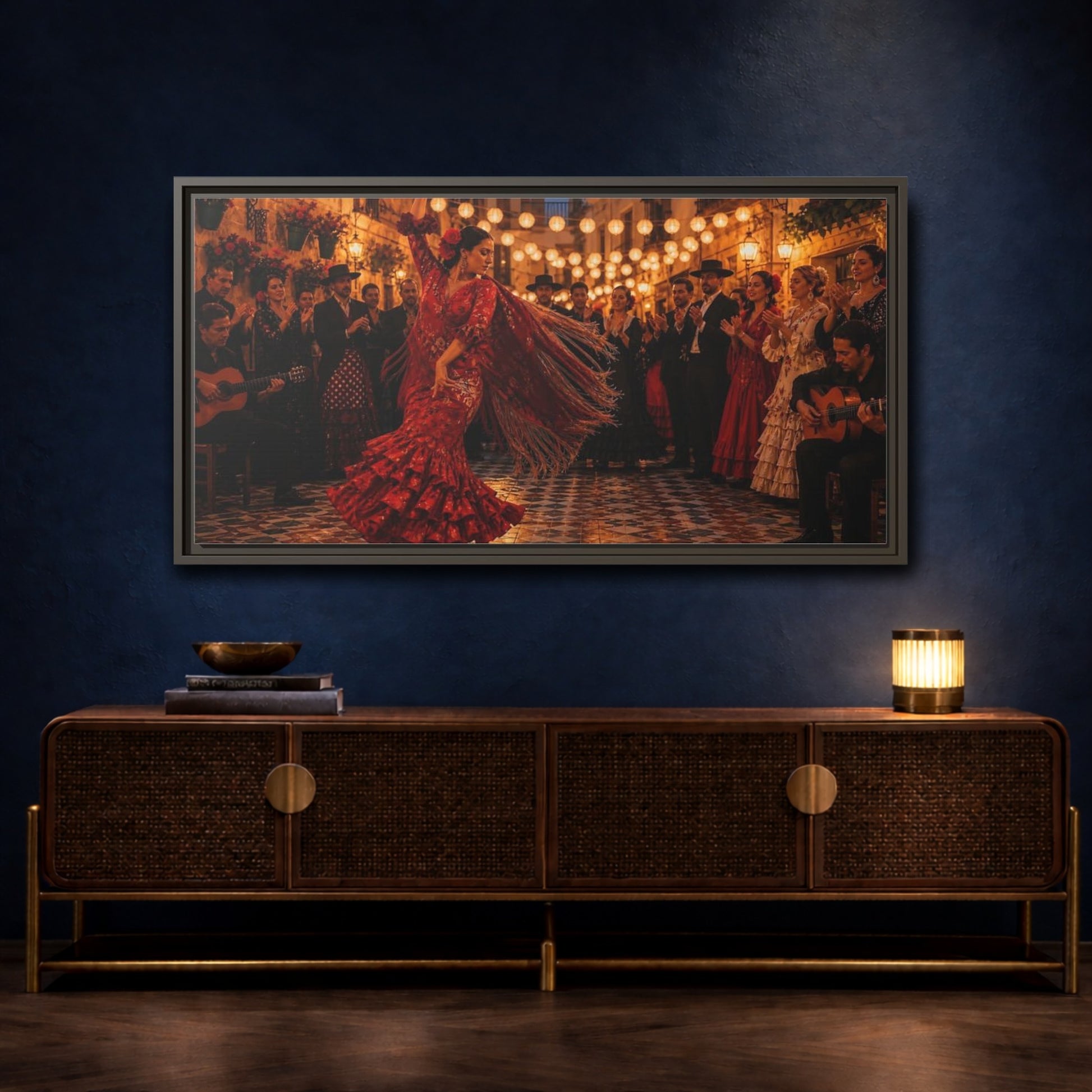 Mockup 4. Flamenco Street Celebration shown as framed canvas print
